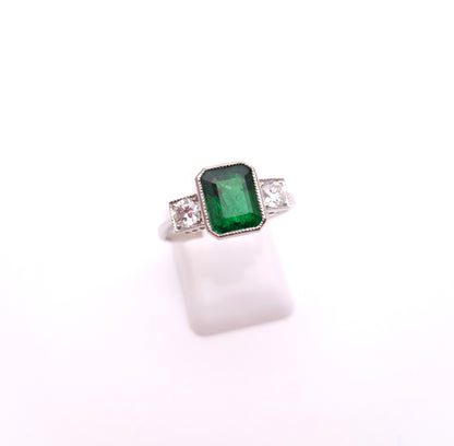 Platinum Natural Emerald and Diamond Trilogy Ring