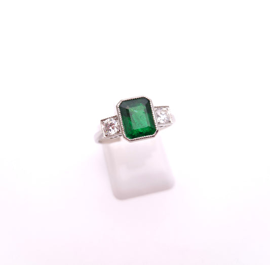 Platinum Natural Emerald and Diamond Trilogy Ring
