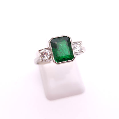 Platinum Natural Emerald and Diamond Trilogy Ring