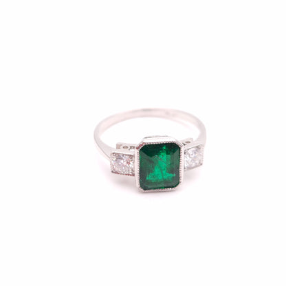 Platinum Natural Emerald and Diamond Trilogy Ring