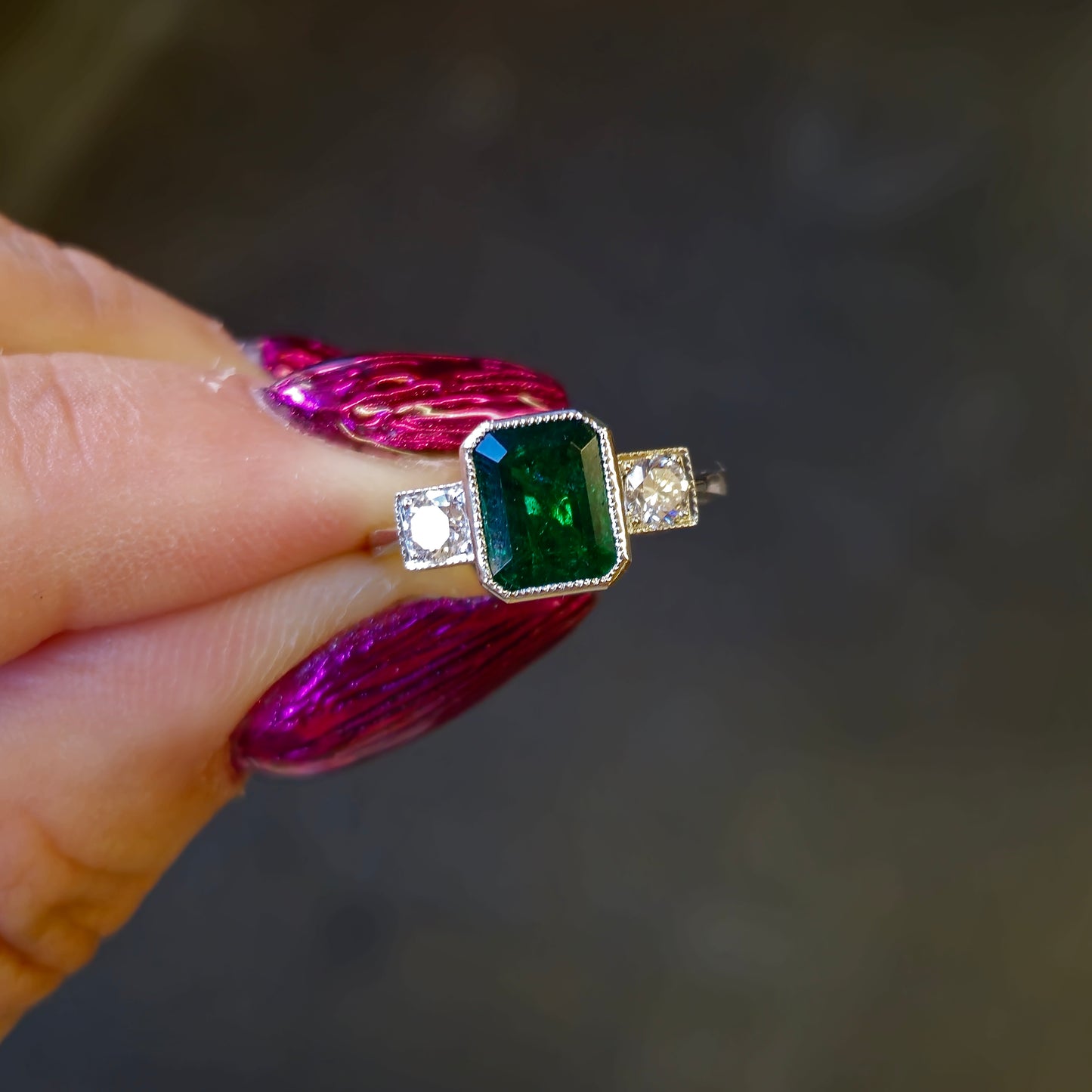 Platinum Natural Emerald and Diamond Trilogy Ring