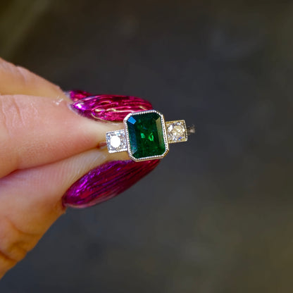 Platinum Natural Emerald and Diamond Trilogy Ring
