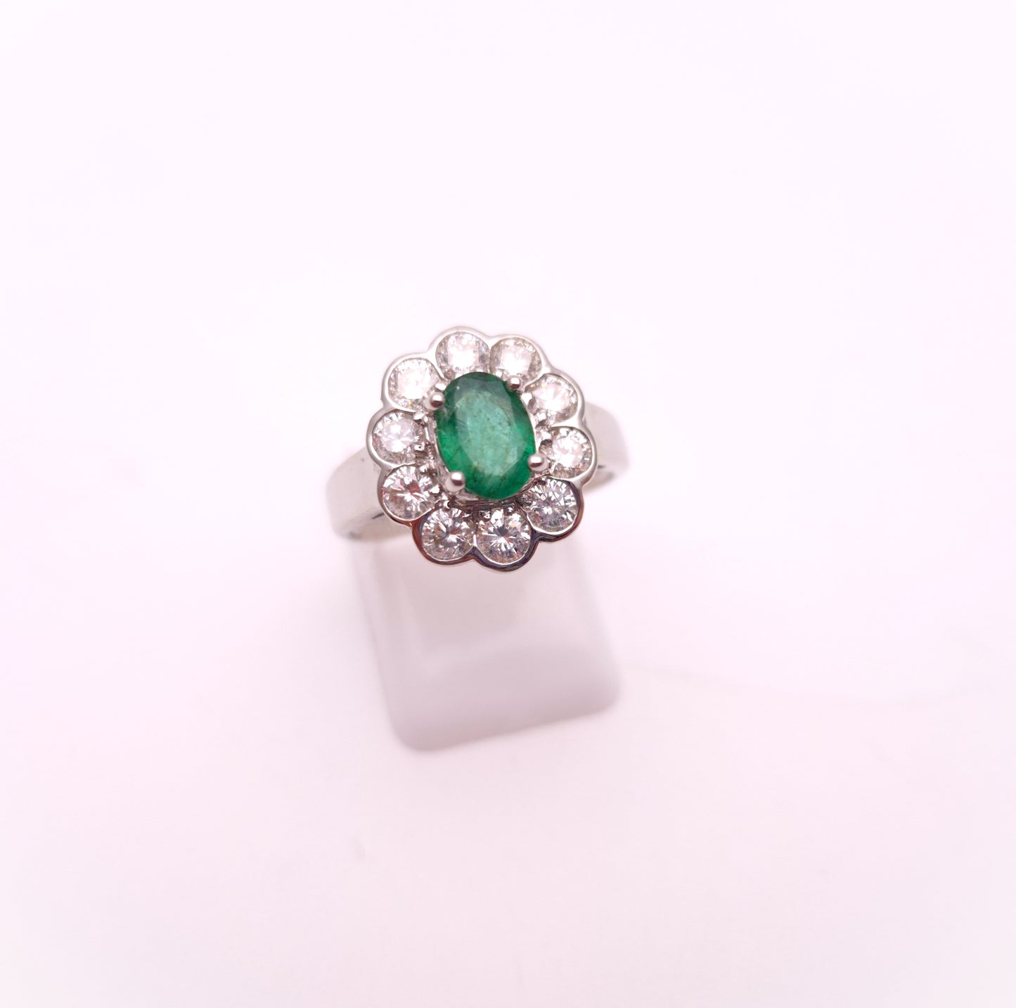 18ct White Gold Large 0.75ct Emerald and 1.0tcw Diamond Cluster Ring