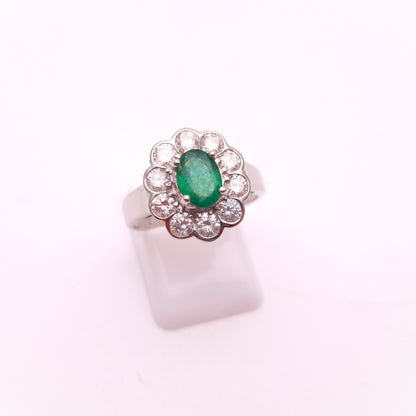18ct White Gold Large 0.75ct Emerald and 1.0tcw Diamond Cluster Ring
