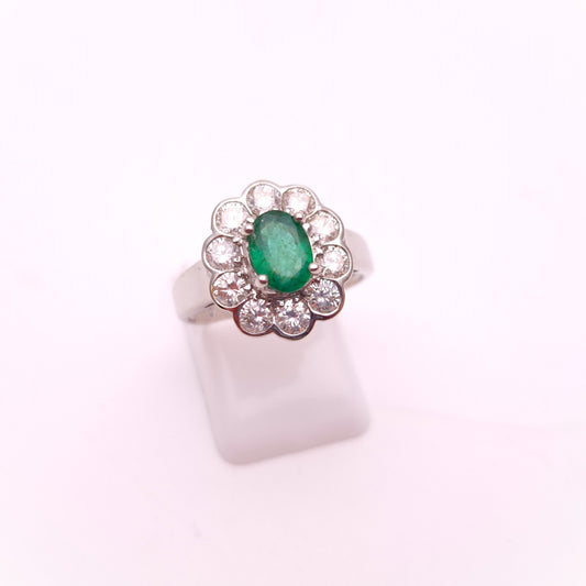 18ct White Gold Large 0.75ct Emerald and 1.0tcw Diamond Cluster Ring