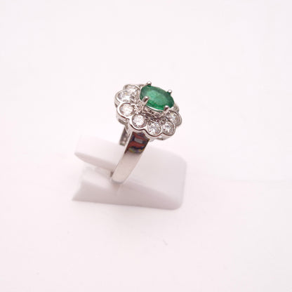 18ct White Gold Large 0.75ct Emerald and 1.0tcw Diamond Cluster Ring
