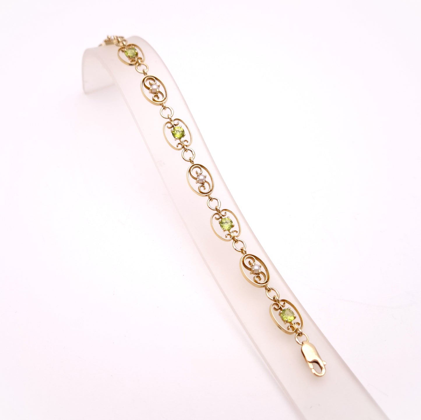 9ct Yellow Gold Peridot and Pearl Art Nouveau Style Bracelet