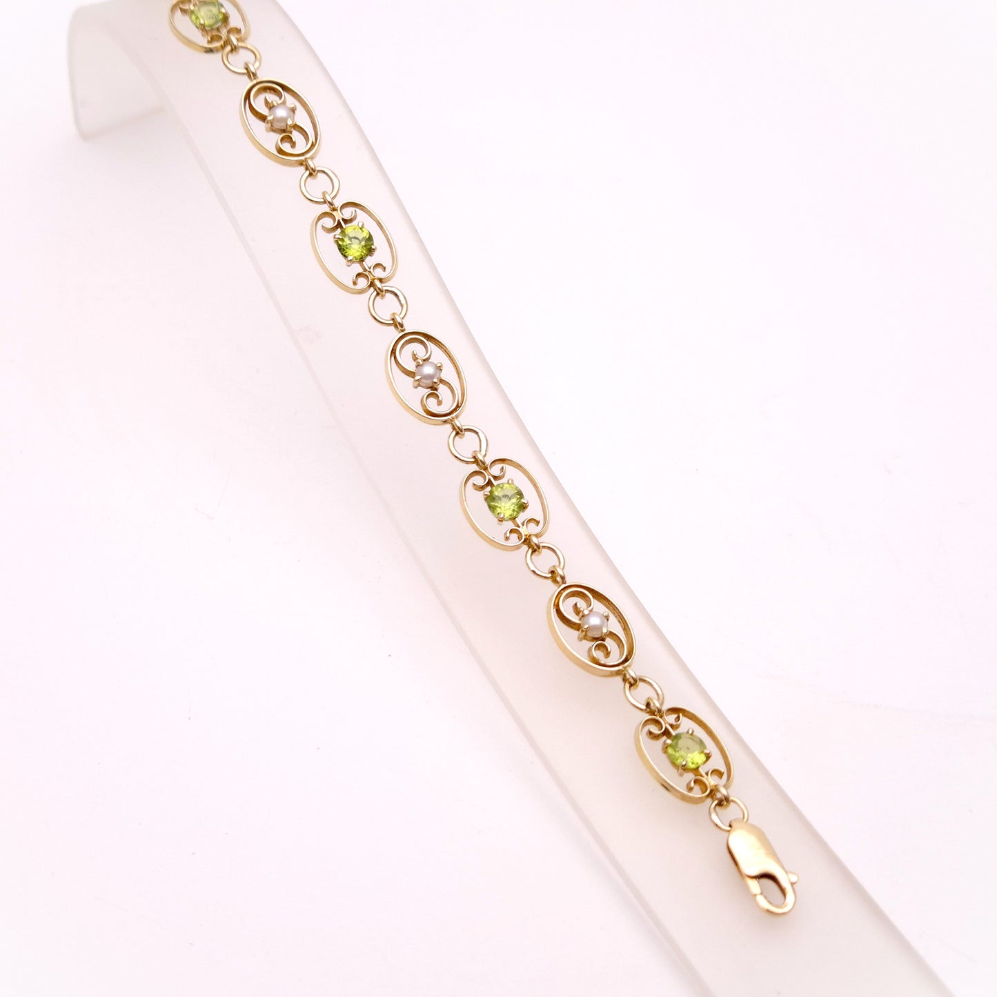 9ct Yellow Gold Peridot and Pearl Art Nouveau Style Bracelet