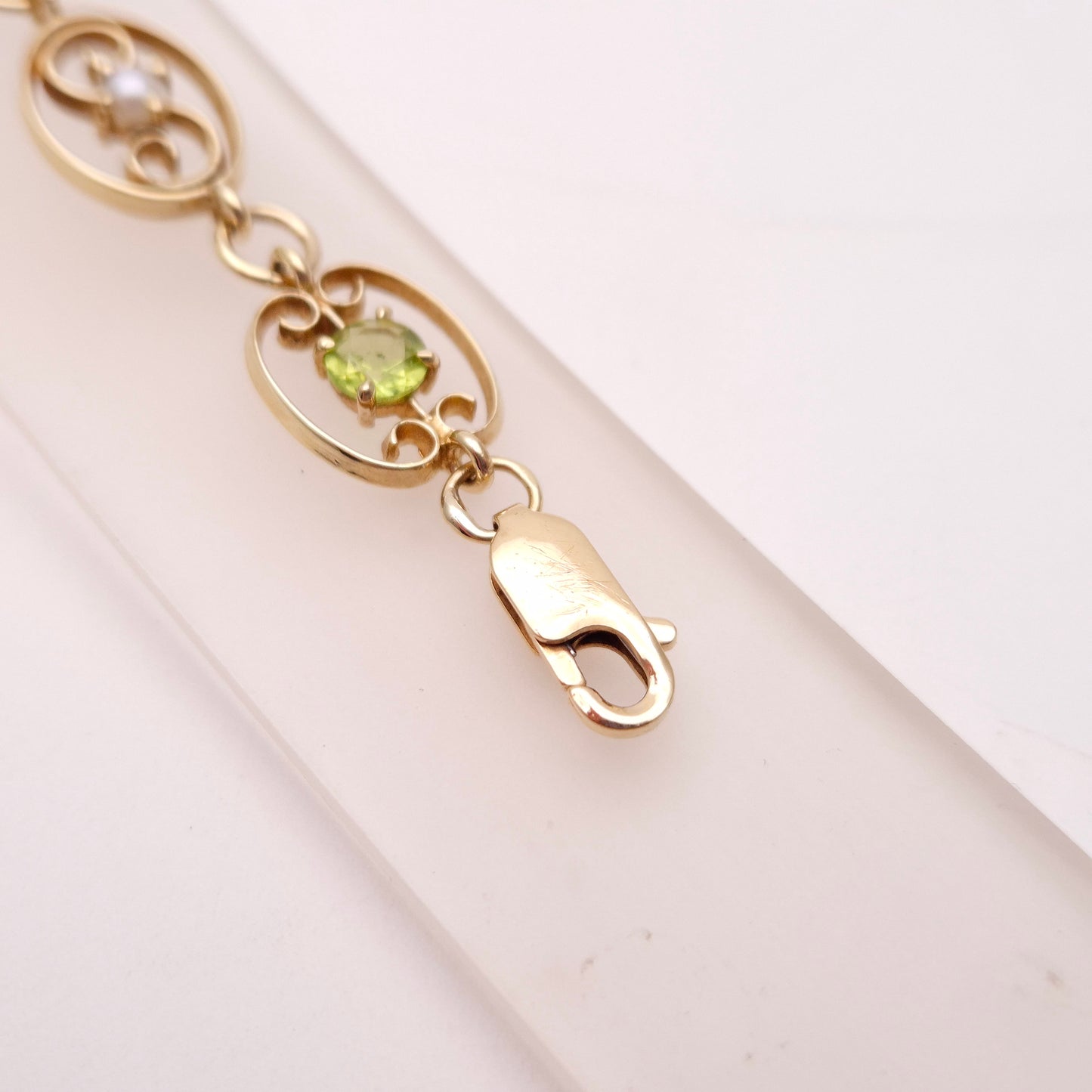 9ct Yellow Gold Peridot and Pearl Art Nouveau Style Bracelet