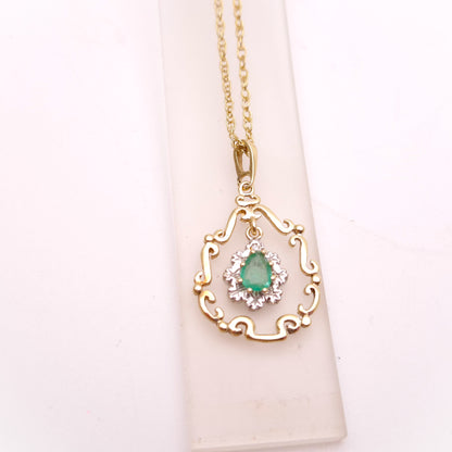 9ct Yellow Gold Emerald and Diamond Scroll Work Pendant and 18" Chain