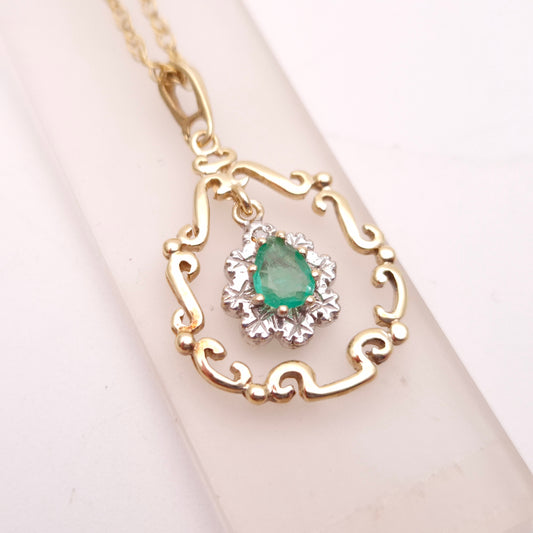 9ct Yellow Gold Emerald and Diamond Scroll Work Pendant and 18" Chain