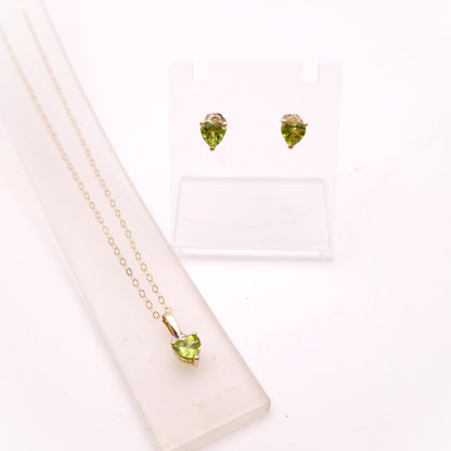 9ct Yellow Gold Heart Shaped Peridot Necklace and Stud Earring Set