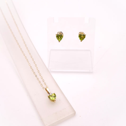9ct Yellow Gold Heart Shaped Peridot Necklace and Stud Earring Set