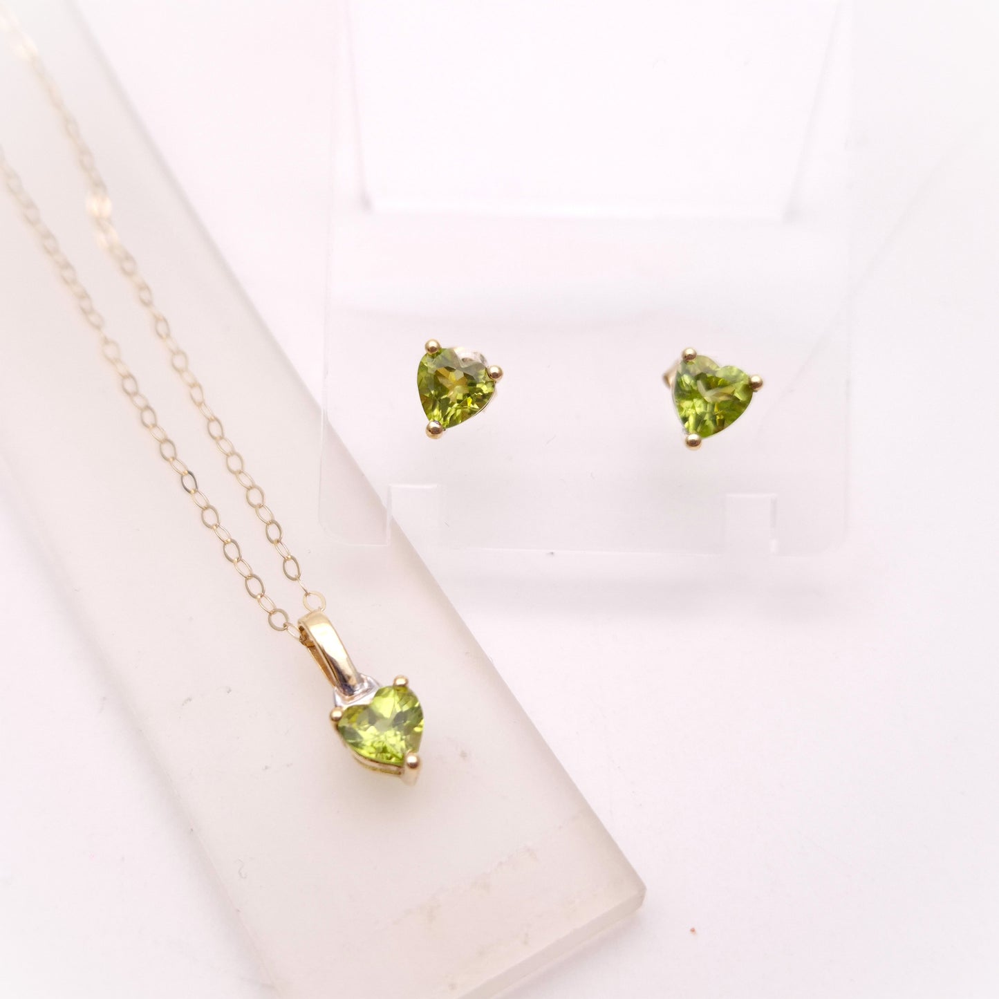 9ct Yellow Gold Heart Shaped Peridot Necklace and Stud Earring Set