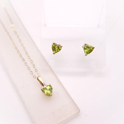 9ct Yellow Gold Heart Shaped Peridot Necklace and Stud Earring Set
