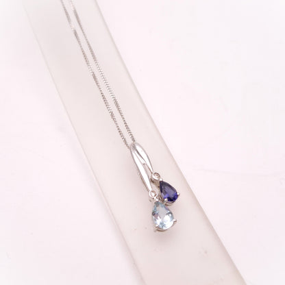 9ct White Gold Iolite, Aquamarine and Diamond Drop Pendant and Chain Necklace