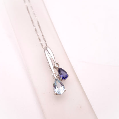 9ct White Gold Iolite, Aquamarine and Diamond Drop Pendant and Chain Necklace