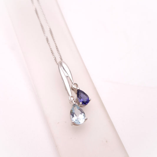 9ct White Gold Iolite, Aquamarine and Diamond Drop Pendant and Chain Necklace