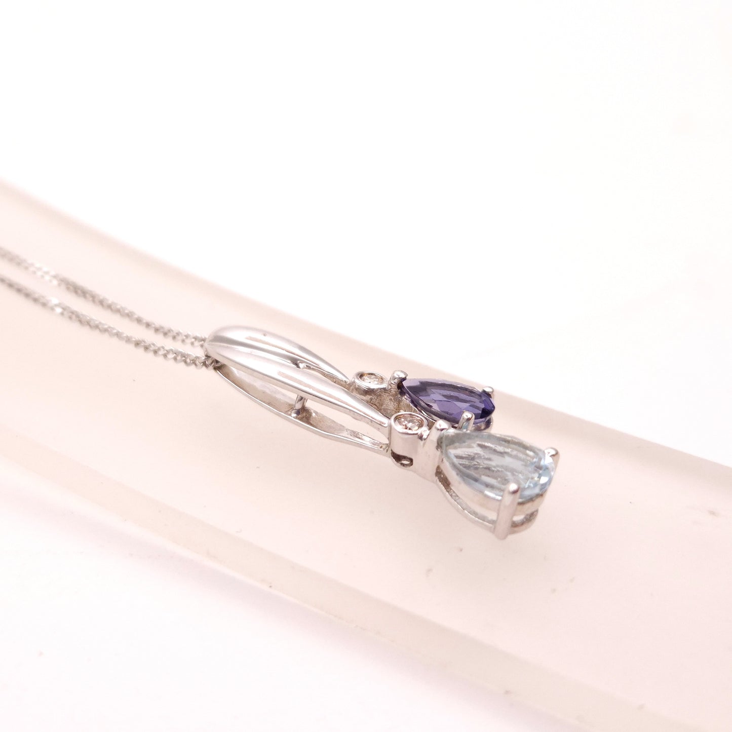 9ct White Gold Iolite, Aquamarine and Diamond Drop Pendant and Chain Necklace