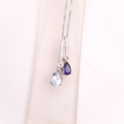 9ct White Gold Iolite, Aquamarine and Diamond Drop Pendant and Chain Necklace