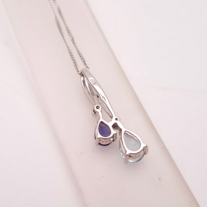 9ct White Gold Iolite, Aquamarine and Diamond Drop Pendant and Chain Necklace