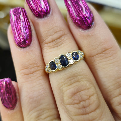 9ct Yellow Gold 3 Sapphire and Diamond Multi-stone Ring