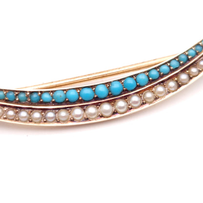 15ct Antique Turquoise and Pearl Crescent Shaped Brooch