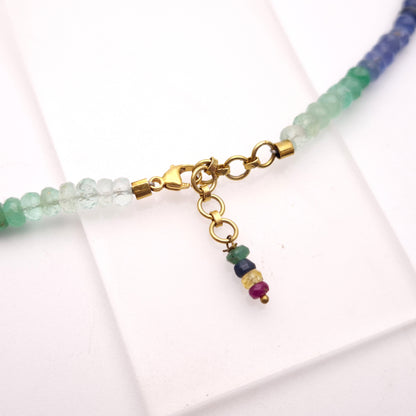 9ct Yellow Gold Clasp Multi Gem Sapphire / Ruby / Emerald Faceted Bead Necklace