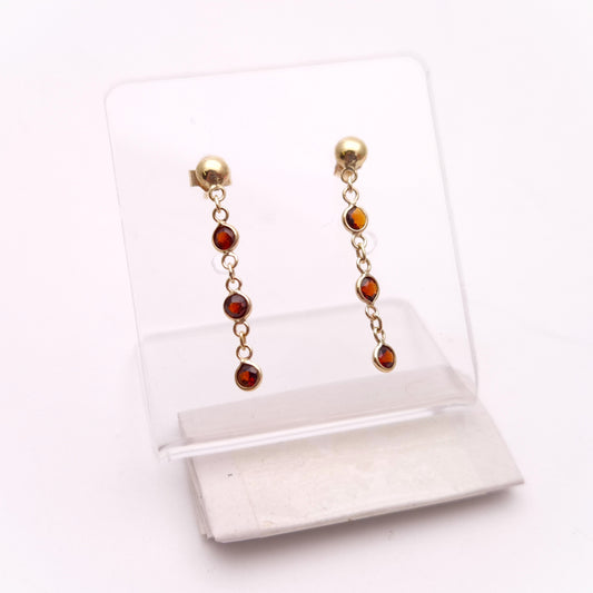 9ct Yellow Gold Garnet Three-Stone Drop Earrings