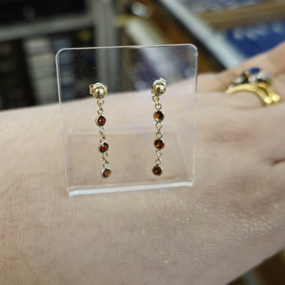9ct Yellow Gold Garnet Three-Stone Drop Earrings