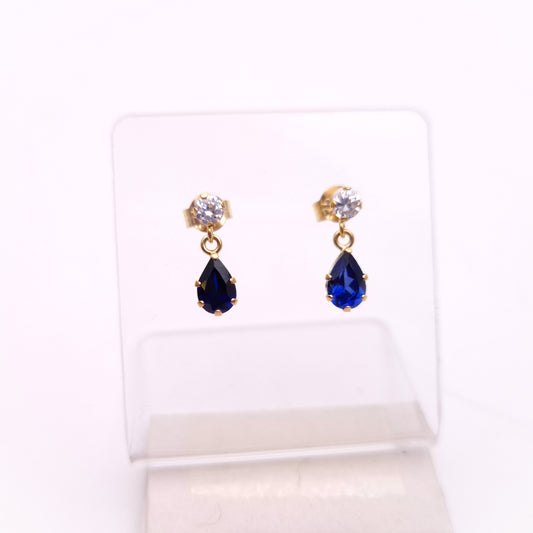 9ct Yellow Gold Blue and White Stone Small Drop Earrings