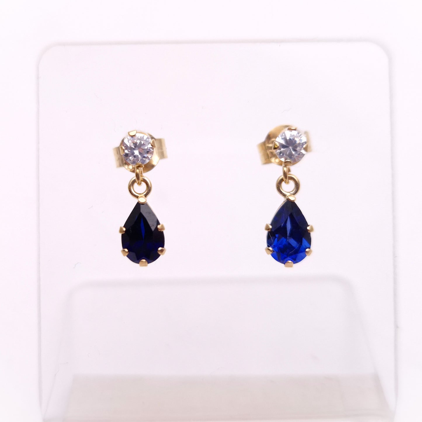 9ct Yellow Gold Blue and White Stone Small Drop Earrings
