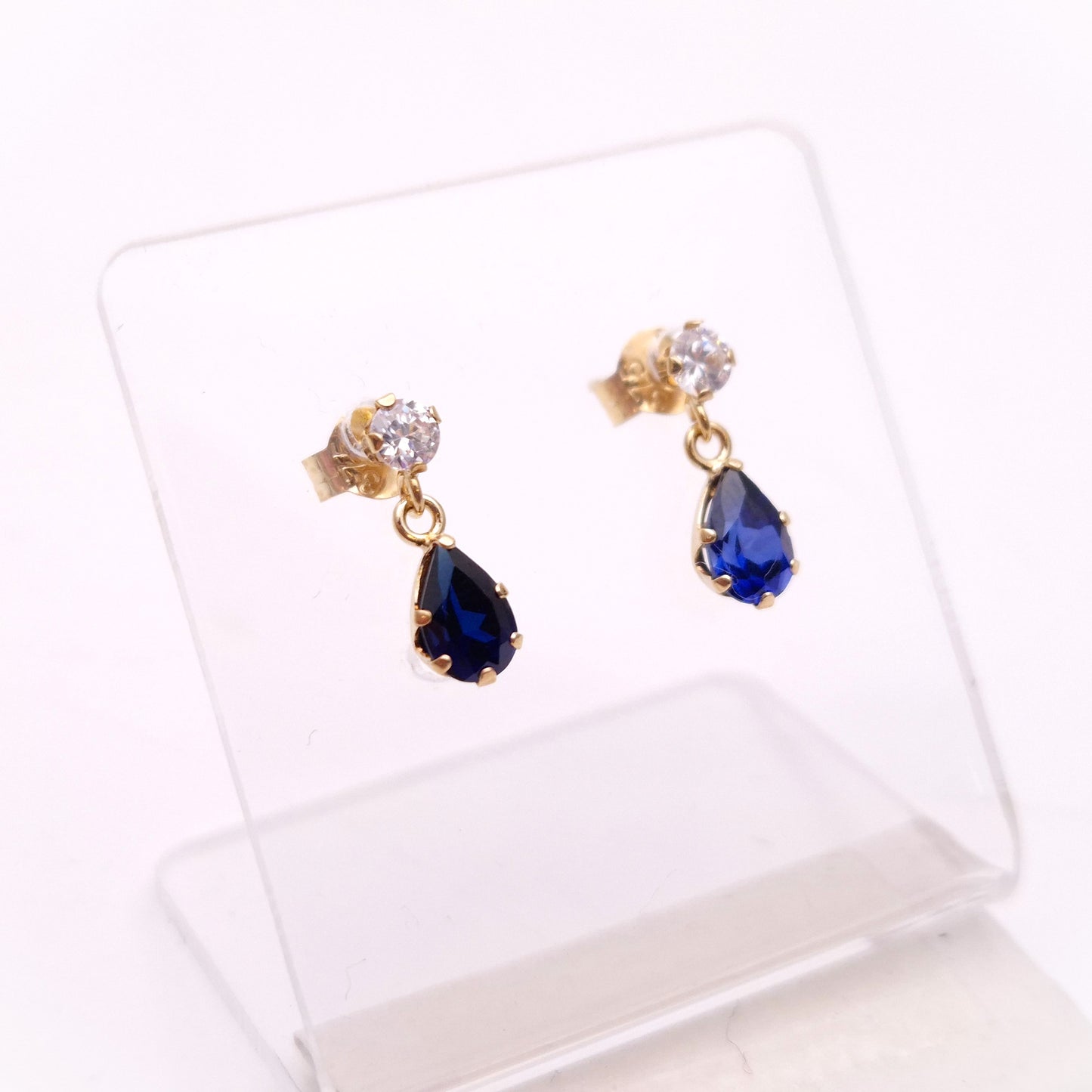 9ct Yellow Gold Blue and White Stone Small Drop Earrings