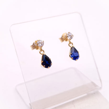 9ct Yellow Gold Blue and White Stone Small Drop Earrings