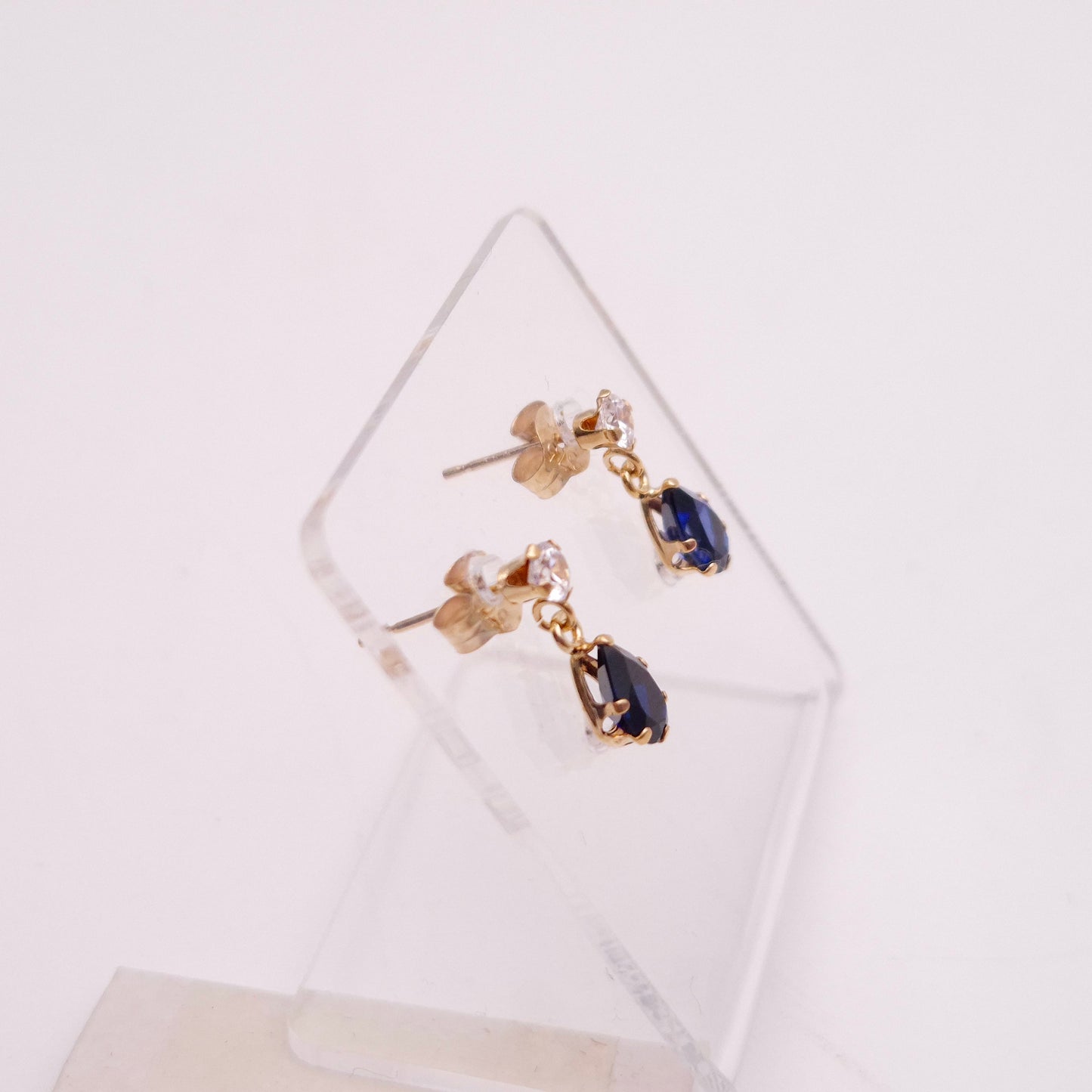 9ct Yellow Gold Blue and White Stone Small Drop Earrings