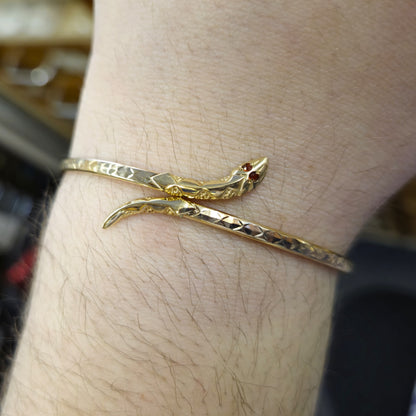 9ct Yellow Gold Garnet Eyed Wrap Snake Bangle