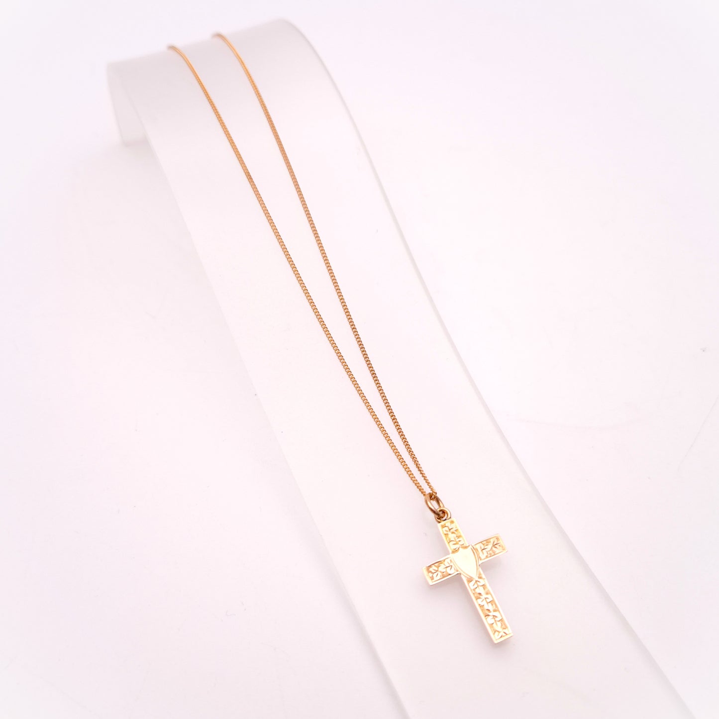9ct Rose Gold Engraved Foliate Antique Cross and Curb Chain