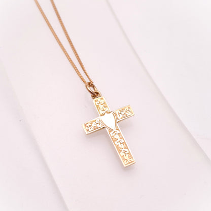 9ct Rose Gold Engraved Foliate Antique Cross and Curb Chain