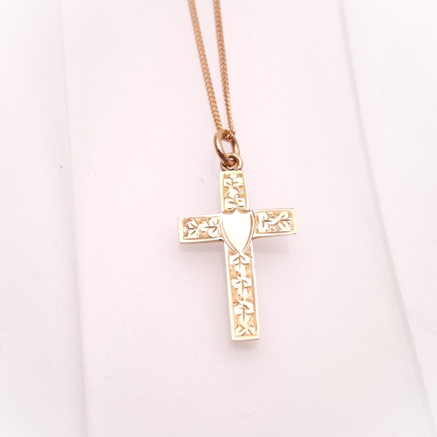9ct Rose Gold Engraved Foliate Antique Cross and Curb Chain