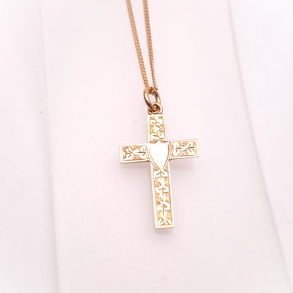9ct Rose Gold Engraved Foliate Antique Cross and Curb Chain