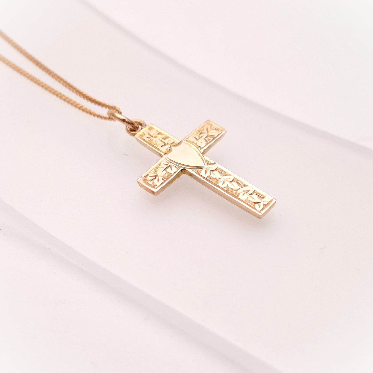 9ct Rose Gold Engraved Foliate Antique Cross and Curb Chain