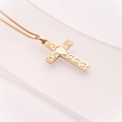 9ct Rose Gold Engraved Foliate Antique Cross and Curb Chain