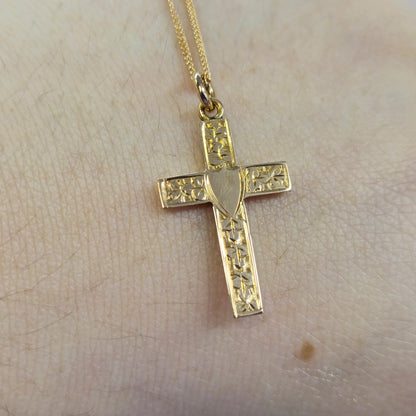 9ct Rose Gold Engraved Foliate Antique Cross and Curb Chain