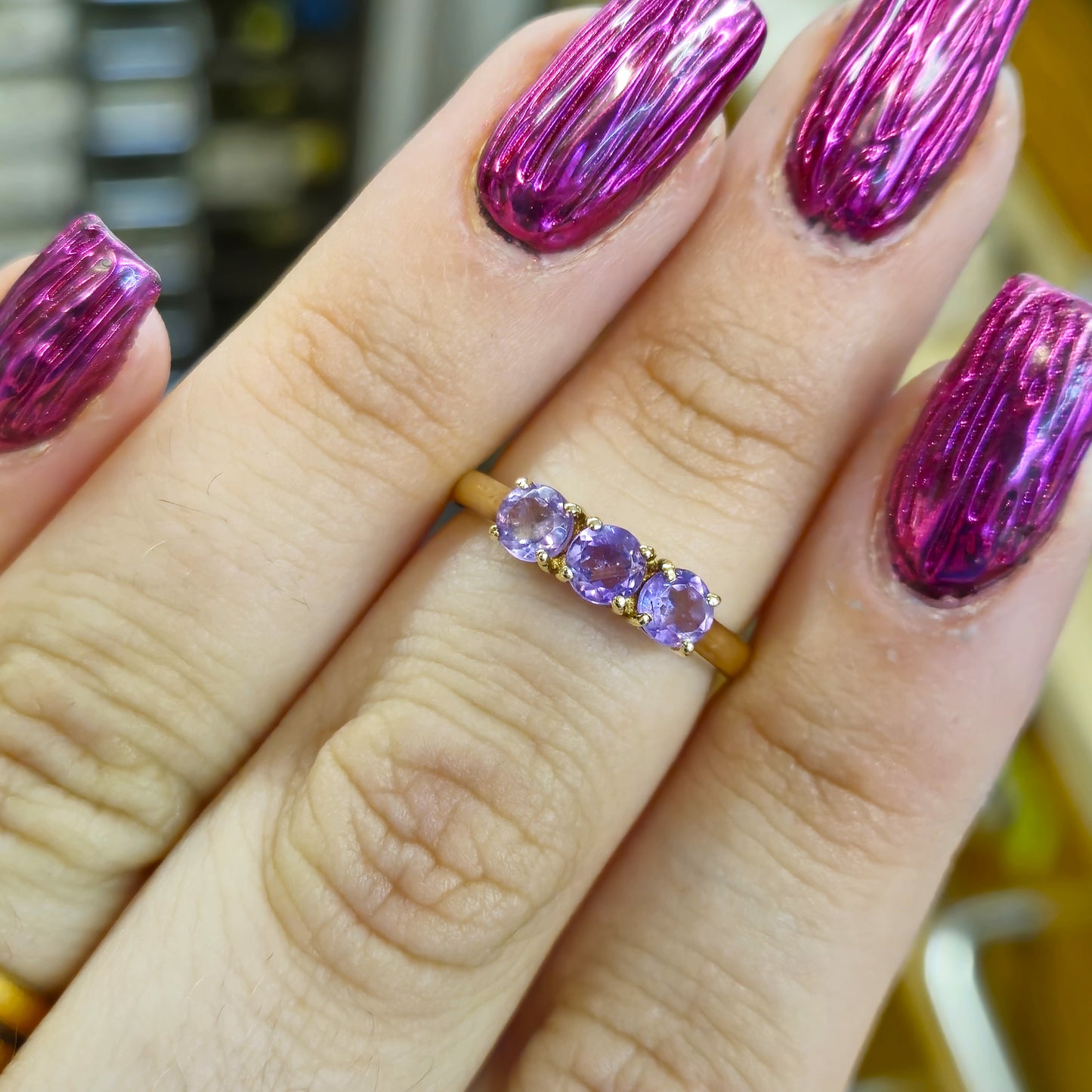 9ct Yellow Gold Amethyst 3 stone Trilogy Ring