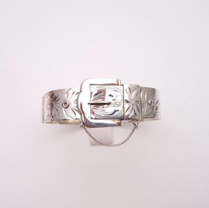 Sterling Silver Wide Vintage 70s Patterned Buckle Bangle