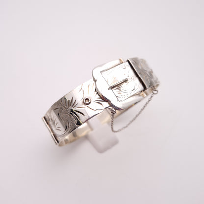 Sterling Silver Wide Vintage 70s Patterned Buckle Bangle