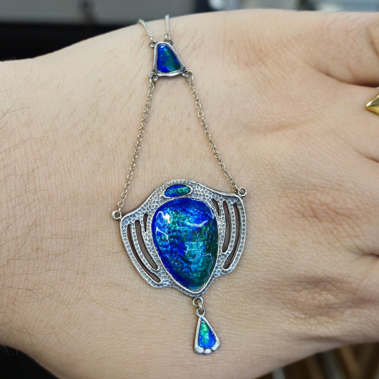 Sterling Silver Charles Horner Antique 1909 Blue / Green Enamel Necklace