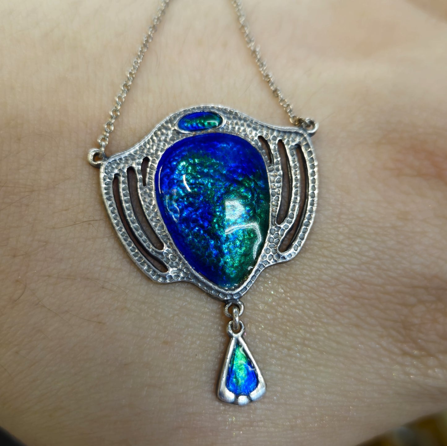 Sterling Silver Charles Horner Antique 1909 Blue / Green Enamel Necklace