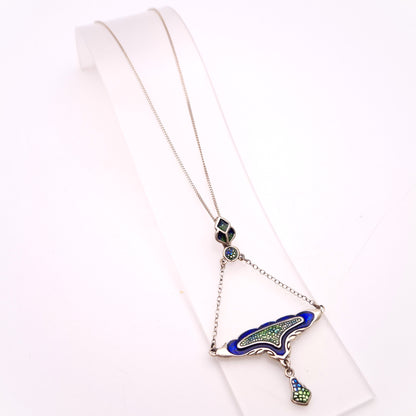 Sterling Silver Blue and Green Enamel Art Deco Style Necklace