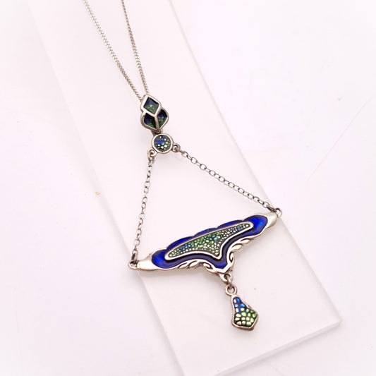 Sterling Silver Blue and Green Enamel Art Deco Style Necklace